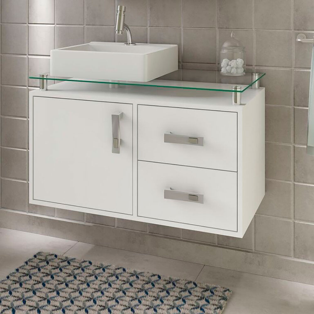 Gabinete de MDF para Banheiro com Tampo de Vidro e Cuba de Sobrepor MGM